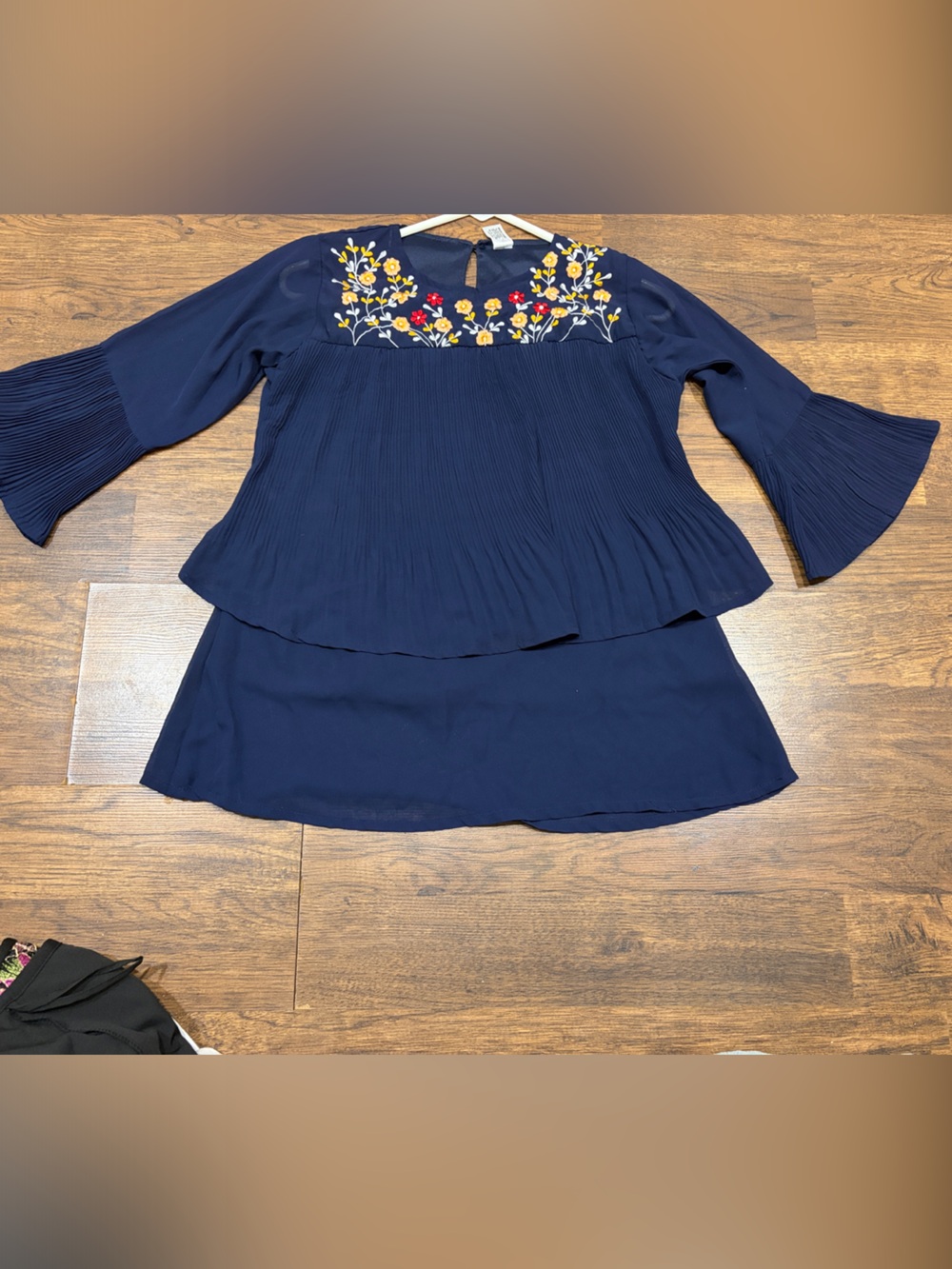 Navy Floral Embroidered Pleated Blouse